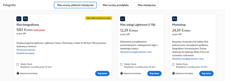 Fotograficzne plany usługi Adobe Creative Cloud