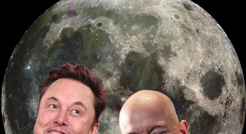 Elon Musk and Jeff Bezos each have big plans on the moon and beyond, through their respective companies SpaceX and Blue Origin.NASA/JPL/USGS; Lisa O'Connor/Saul Loeb/AFP/Getty Images; Business Insider