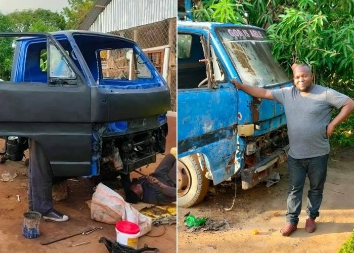 Wilberforce Wendo working on a lorry in Mpeketoni, Lamu County