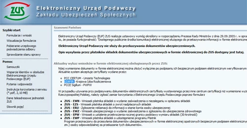 Strona Elektronicznego Urzędu Podawczego ZUS. Chciałoby się rzec, że idea jak najbardziej słuszna, tylko wyszło jak zwykle w polskim urzędzie