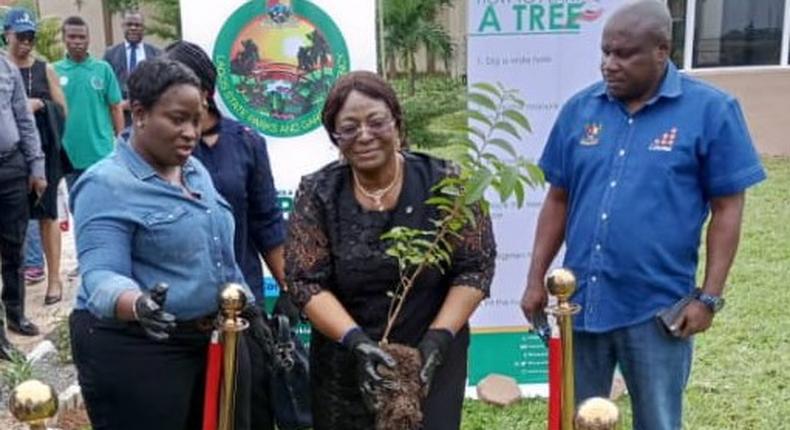 Representative of the Lagos State Deputy Governor/Permanent Secretary Office of the Deputy Governor, Mrs Mobolaji Daba (middle) flanked by General Manager, Lagos State Gardens and Parks Agency, Mrs Adetoun Popoola (Left) and Representative of the Managing Director, Lagos Waste Management Authority, (LAWMA), Mr Olorunkemi Sulaiman at the Year 2022 Lagos State Tree Planting Day held at the Dr Abayomi Finnih Recreational Park, Oregun, Ikeja on Thursday, July 14, 2022.