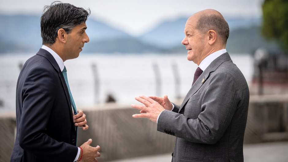 Rishi Sunak i Olaf Scholz podczas szczytu G7 w Hiroszimie, maj 2023 r.