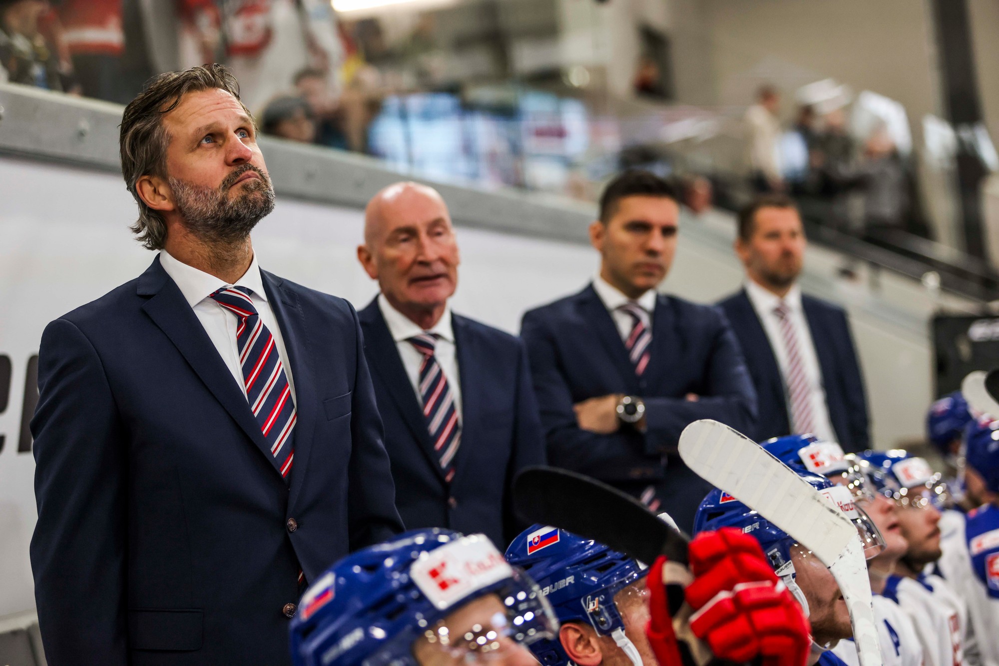 Striedačka Slovenska, zľava asistent trénera Róbert Petrovický, tréner Craig Ramsay, asistent trénera Peter Frühauf a tréner brankárov Ján Laššák.