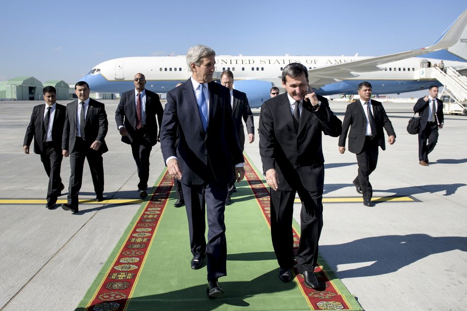 TURKMENISTAN: Kerry is escorted by Turkmenistan's Foreign Minister Rashid Meredov upon arriving at Ashgabat Airport in Ashgabat on November 3, 2015.