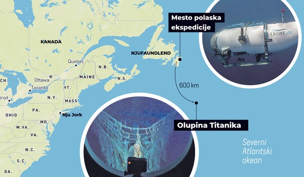 Mapa pokazuje gde se nalazi olupina Titanika i kuda se uputila nestala podmornica