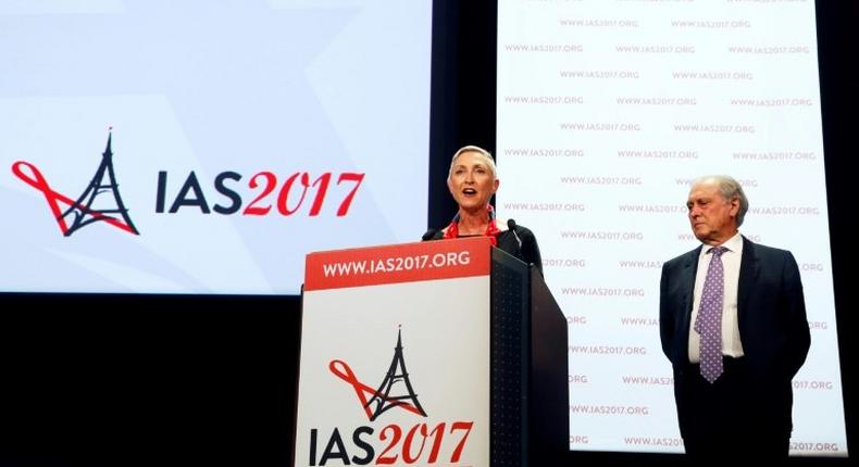 International AIDS Society president Linda-Gail Bekker (L) and President of the French National Ethics Advisory Committee and conference chairman Jean-Francois Delfraissy address the opening of the 9th International AIDS Society conference on HIV