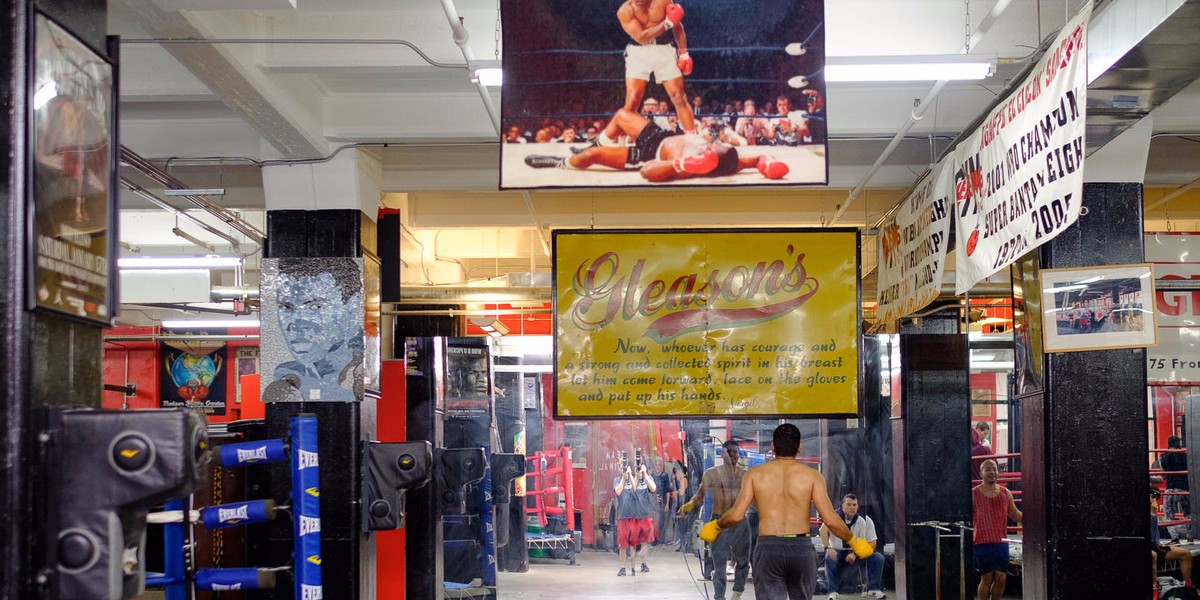 There are lots of photos and memorabilia of Muhammad Ali in Gleason's Gym.