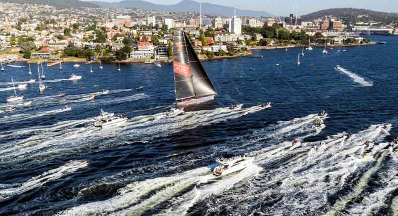 Australia's Wild Oats XI approaches the finish line of the Sydney to Hobart race, taking its ninth line honours in the gruelling competition