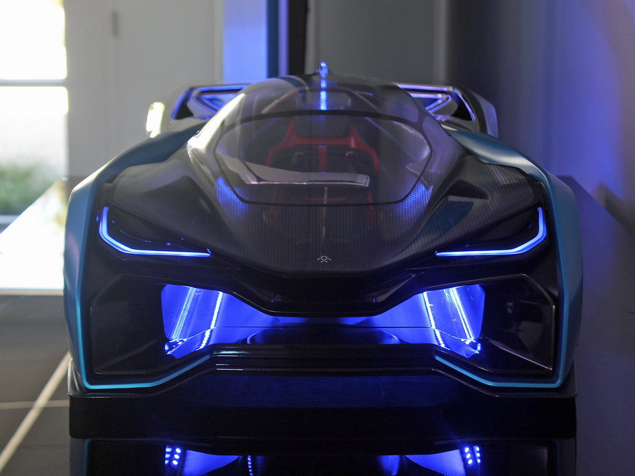 A scale model of the Faraday Future FFZero1 concept race car at LeEco's San Jose, California, headquarters.