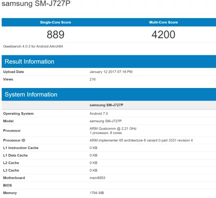 Samsung Galaxy J7 (2017) w Geekbench