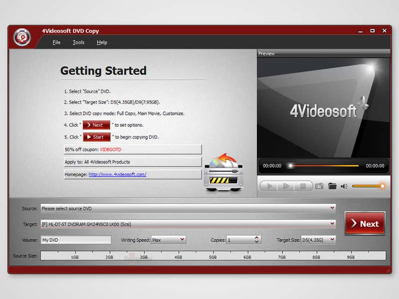 Główne okno programu do kopiowania płyt DVD - 4Videosoft DVD Copy