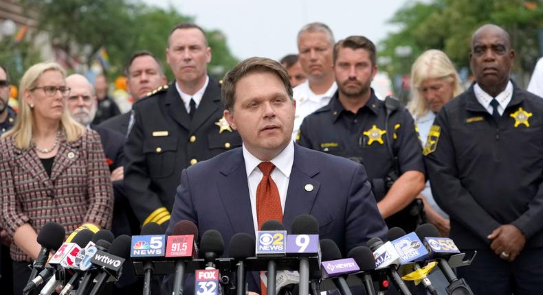 Lake County state attorney Eric Rinehart speaks at a press conference on July 5, 2022, in the aftermath of the Highland Park, Illinois, shooting.