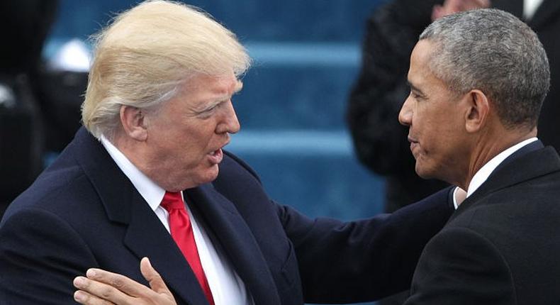 President Barack Obama (R) greets President Elect Donald Trump on the West Front of the U.S. Capitol on January 20, 2017 in Washington, DC.