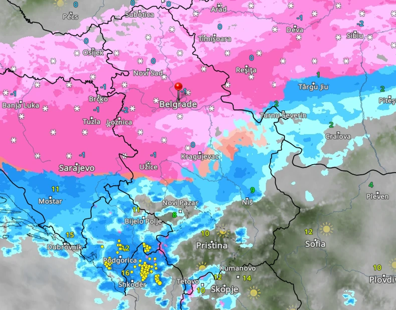Kretanje padavina u nedelju u Srbiji u 13 časova 
