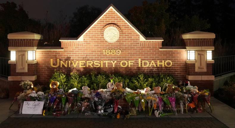 Flowers and other items are displayed at a growing memorial in front of a campus entrance sign for the University of Idaho, Wednesday, Nov. 16, 2022, in Moscow, Idaho.Ted S. Warren/AP Photo