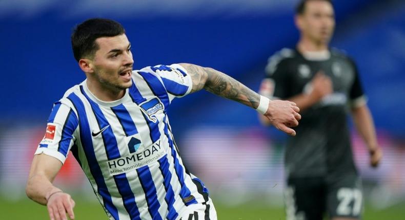 Serbian midfielder Nemanja Radonjic celebrates scoring in Hertha Berlin's 3-0 home win over Freiburg on Thursday Creator: Michael SOHN