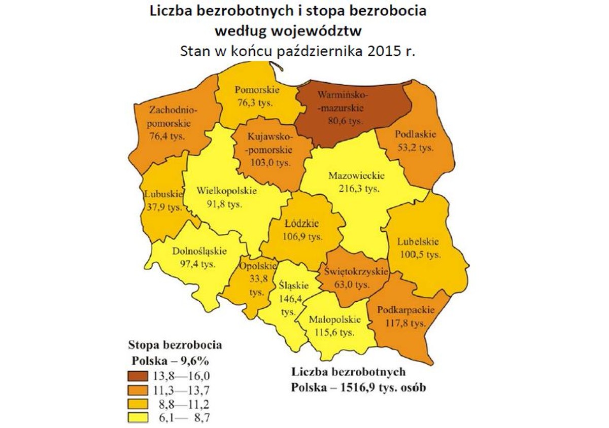 Liczba bezrobotnych i stopa bezrobocia według województw - mapa, źródło: GUS
