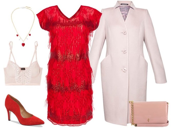 STYLIZACJE na walentynki: Modern Line/modernline.pl, płaszcz Dziekański/dziekanski.pl, buty - Caprice/caprice.pl, torebka - Menbur/menbur.pl, biżuteria, bielizna - TK MAXX