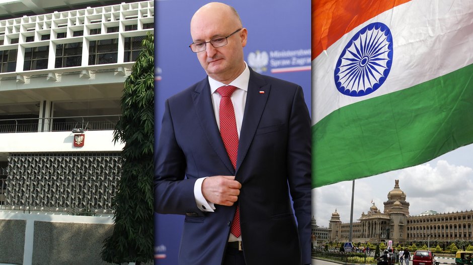 Na zdjęciu ambasada Polski w New Delhi, były wiceminister spraw zagranicznych Piotr Wawrzyk i Vidhana Soudha, stanowy organ ustawodawczy w Karnatace w Indiach