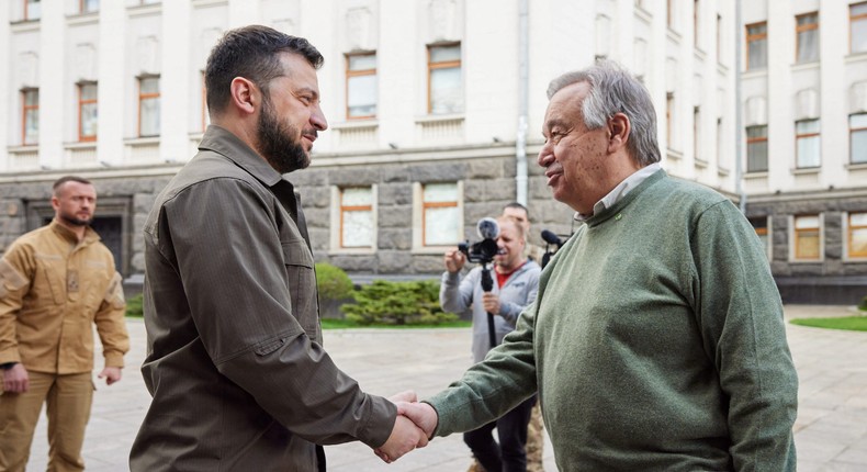 Ukraine's President Volodymyr Zelenskyy and UN Secretary-General Antonio Guterres in Kyiv, Ukraine, on April 28, 2022.