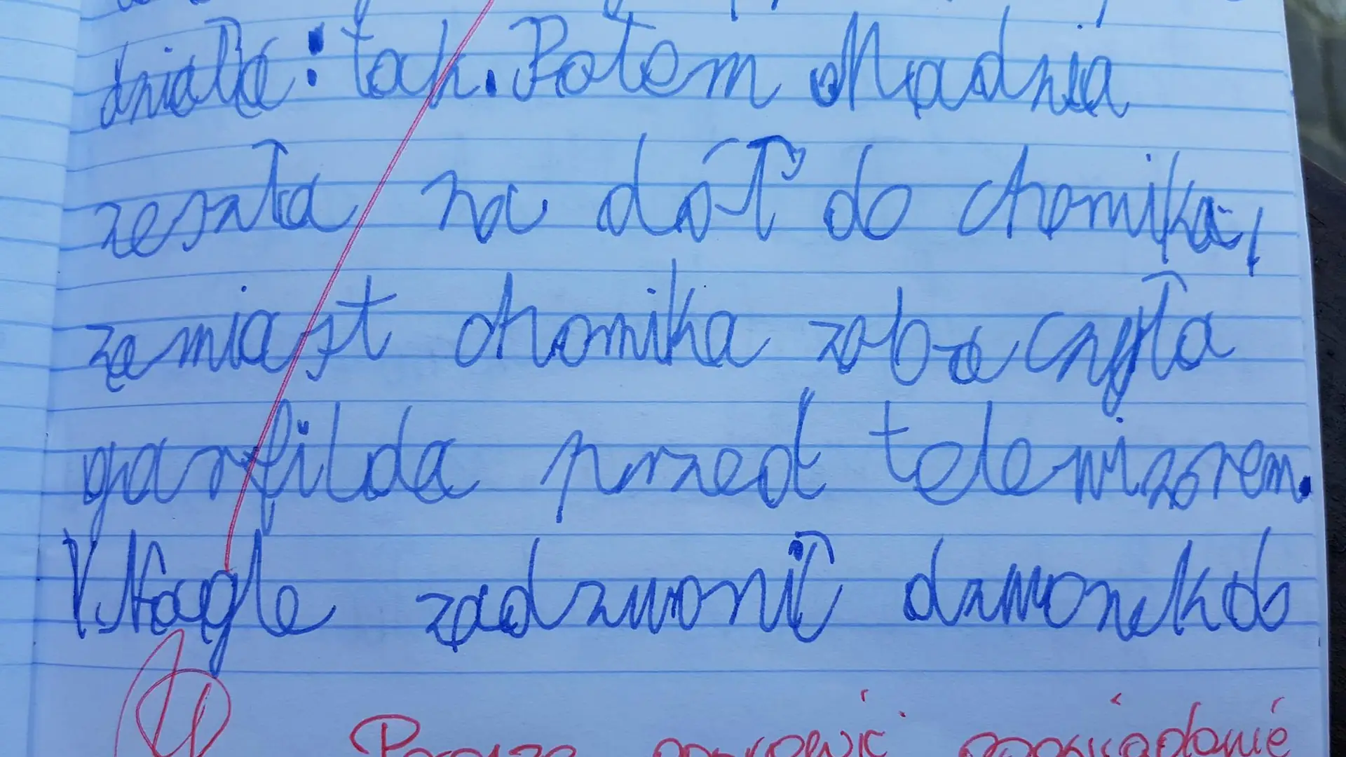 Chłopiec pisząc opowiadanie, dał się ponieść wyobraźni - nauczycielkę wyraźnie to zirytowało