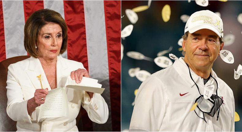 House Speaker Nancy Pelosi and University of Alabama Head Football Coach Nick Saban (right).
