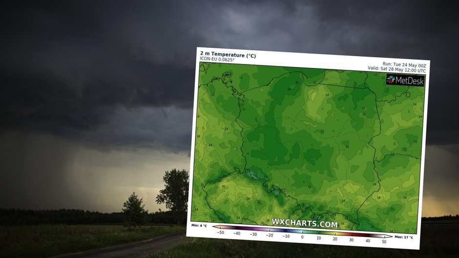 Na prawdziwie letnią pogodę na dłużej na razie nie mamy szans (mapa: wxcharts.com)