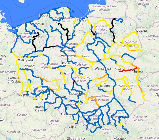 Stan wód w rzekach (czarny: niski; niebieski: normalny; żółty: wysoki; pomarańczowy: przekroczony stan ostrzegawczy; czerwony: przekroczony stan alarmowy)