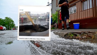 Wielka dziura w drodze z powodu ulewy w Stargardzie. Duże utrudnienia