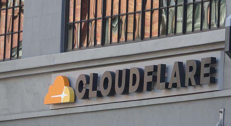 Close-up of logo on facade at headquarters of cyber security company Cloudflare in the South of Market (SoMA) neighborhood of San Francisco, California, June 10, 2019