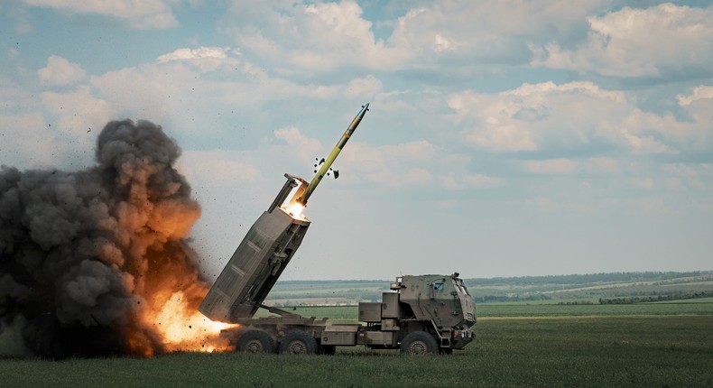 Ukrainian troops fire M142 HIMARS rockets toward Bakhmut on May 18, 2023.Serhii Mykhalchuk/Global Images Ukraine via Getty Images