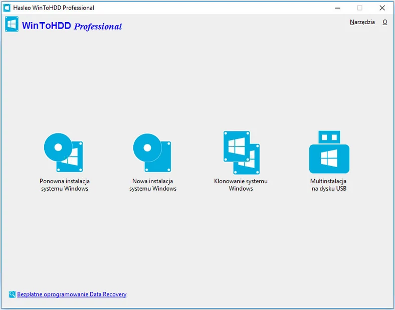 Główne okno programu do klonowania systemów operacyjnych Windows - WinToHDD Professional