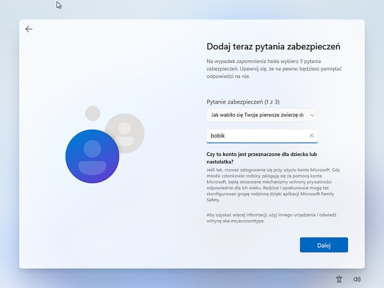 Pytania zabezpieczeń podczas instalacji Windows 11