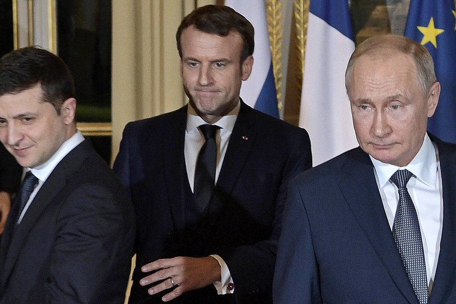 Szczyt normandzkiej czwórki. Od lewej: Wołodymyr Zełenski, Emmanuel Macron, Władimir Putin, 9.12.2019, Paryż