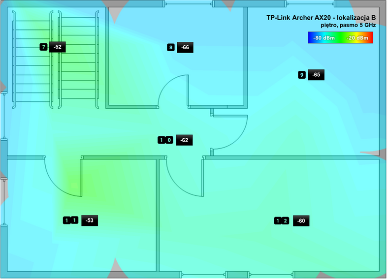 TP-Link Archer AX20: zasięg w domu testowym, piętro, sieć 5 GHz