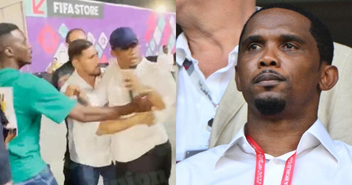 Angry Samuel Eto’o kicks Algerian YouTuber in the face at 2022 World Cup (Video)