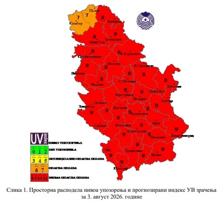 Mapa upozorenja i nivo UV zracenja 3 avgusta