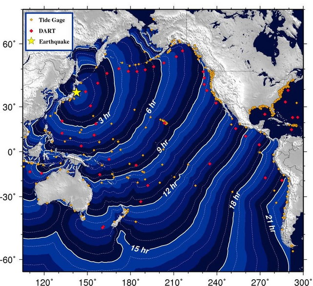 Rozprzestrzenianie się fali tsunami na Oceanie Spokojnym po trzęsieniu ziemi