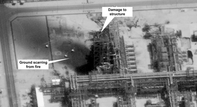 This image provided on Sunday, Sept. 15, 2019, by the U.S. government and DigitalGlobe and annotated by the source, shows damage to the infrastructure at Saudi Aramco's Kuirais oil field in Buqyaq, Saudi Arabia. The drone attack Saturday on Saudi Arabia's Abqaiq plant and its Khurais oil field led to the interruption of an estimated 5.7 million barrels of the kingdom's crude oil production per day, equivalent to more than 5% of the world's daily supply. (U.S. government/Digital Globe via AP)