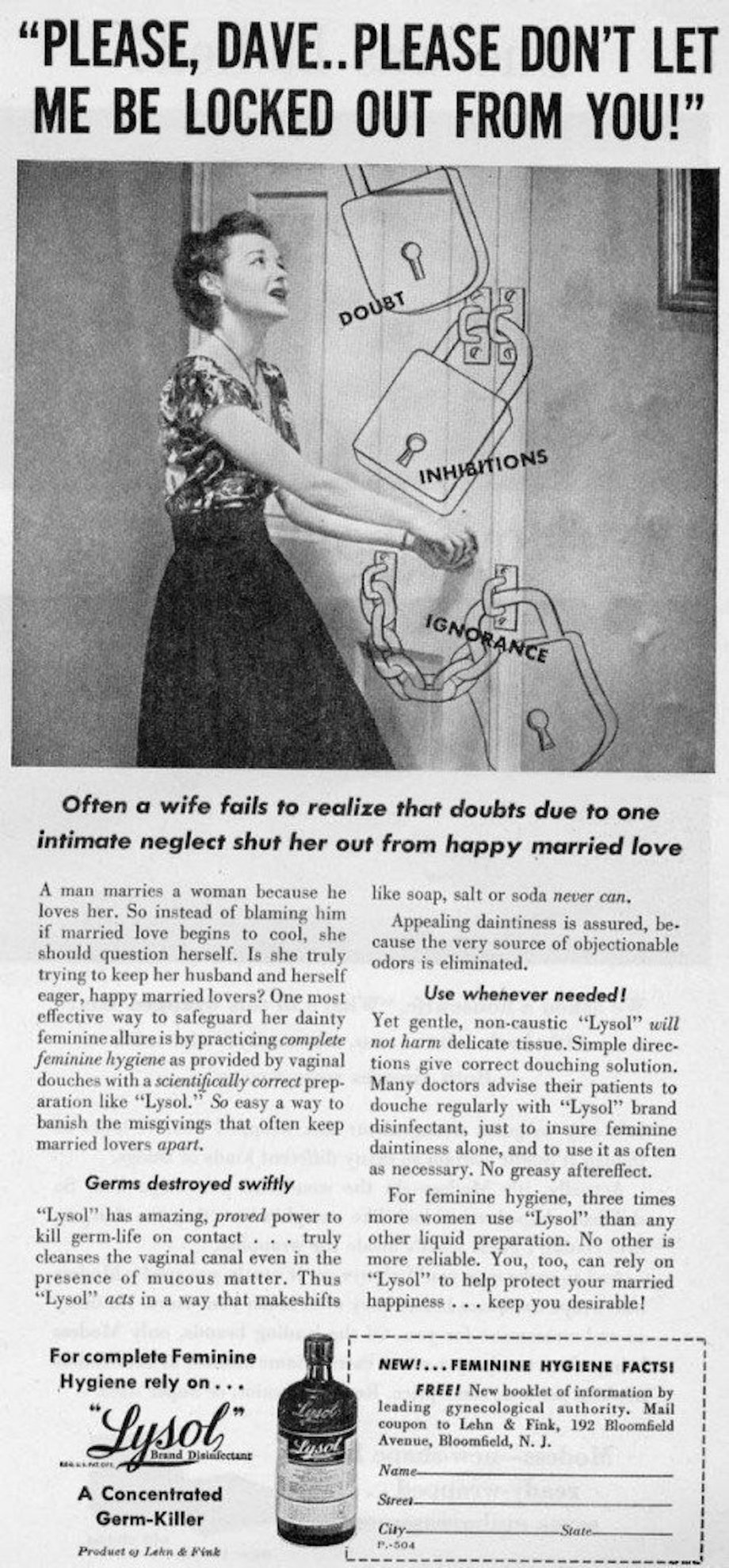 Lysol portrayed women as full of "doubt," "ignorance," and "inhibitions."