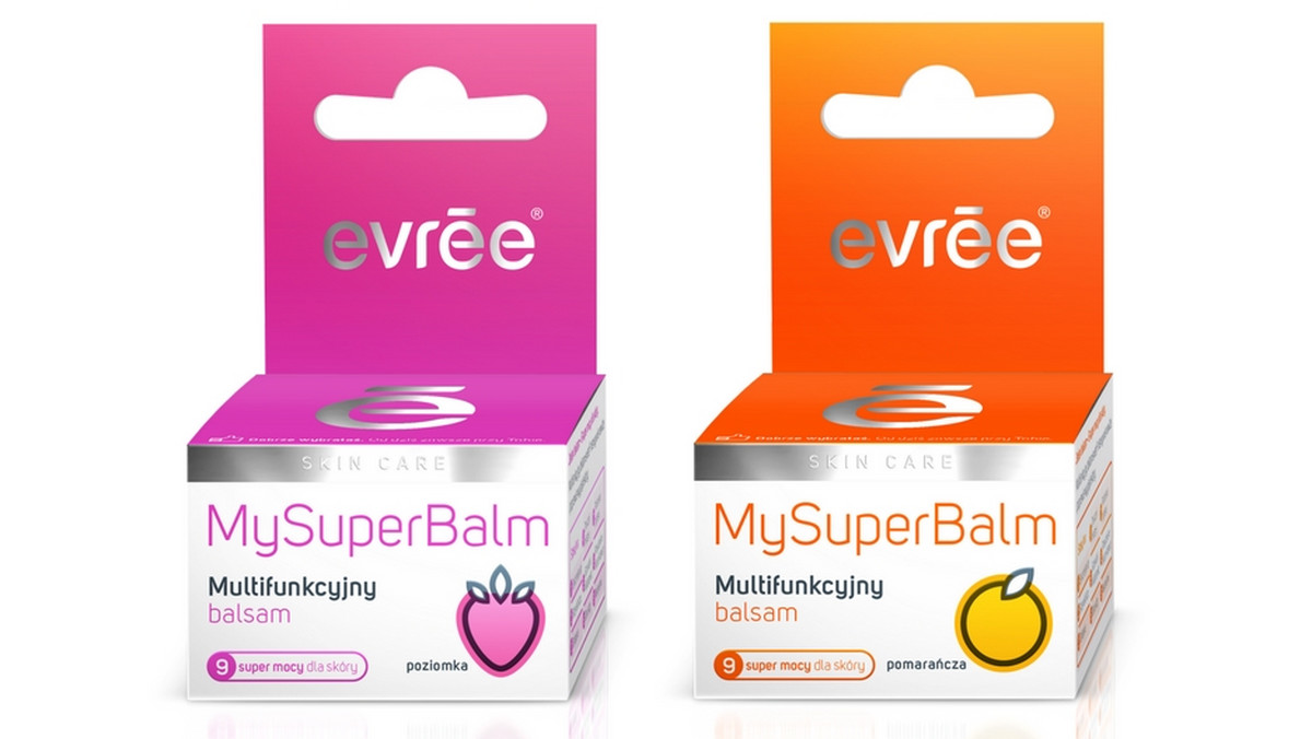 Evrēe® prezentuje MY SUPER BALM. Czy pragnęłaś kiedyś kosmetyku, który ma kilka zastosowań, a równocześnie jest mały, wygodny i bez trudu mieści się w twojej torebce? Jeśli tak to nowość od marki evrēe® jest stworzona z myślą o Tobie! MY SUPER BALM to balsam, którego skala zastosowań jest nieograniczona. Możesz używać go do ust, zmarszczek mimicznych, zadrapań, suchych skórek wokół paznokci, a nawet nieposłusznych brwi. Wszystko zależy tak naprawdę od Ciebie i Twoich potrzeb. Dodatkowo, MY SUPER BALM dostępny jest w dwóch wersjach: orzeźwiającej pomarańczy i słodkiej poziomki. Nie czekaj i wypróbuj już teraz!