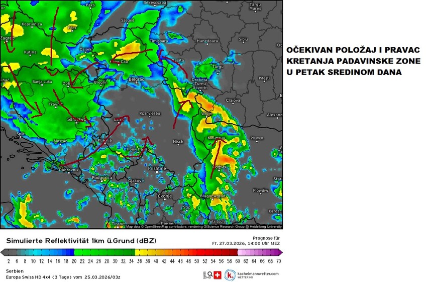 Kretanje padavinske zone u petak