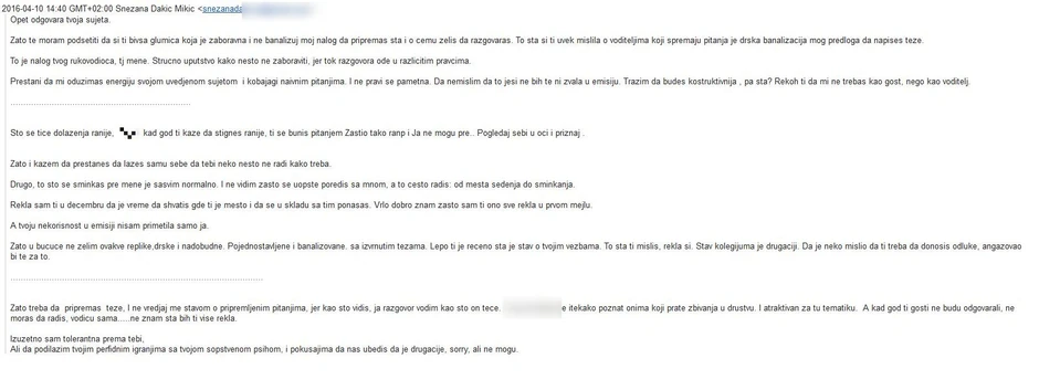 Mejl koji je Snežana Dakić slala Jeleni Tinskoj