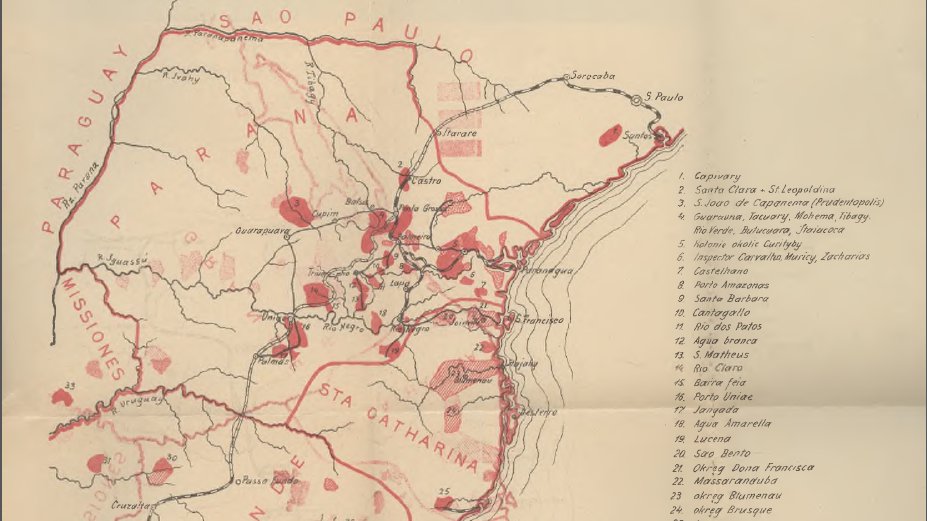 Mapa z zaznaczonymi osadami polskimi, mieszanymi, a także niemieckimi i włoskimi w południowej Brazylii, dołączona do „Polskiej Kolonizacji Zamorskiej”, Lwów 1899