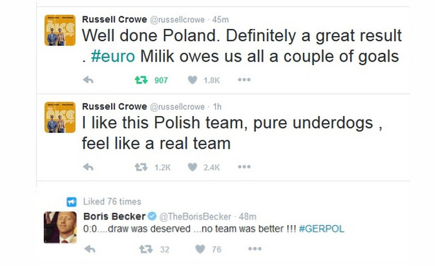 Russell Crowe i Boris Becker też oglądali mecz Niemcy-Polska i twittowali