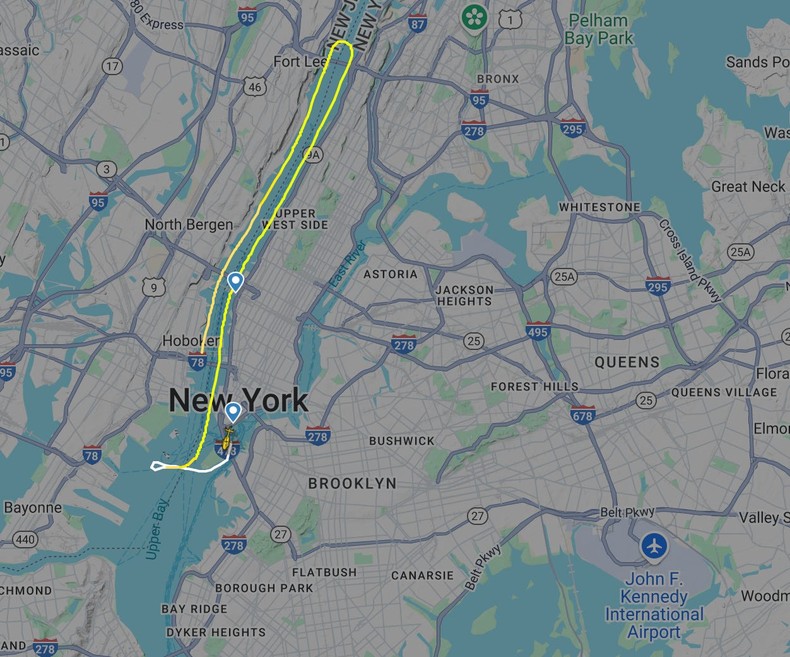 Flight tracking data shows the helicopter departed from the New York City financial district, headed north along the Hudson River, and finally returned to downtown. Flightradar24