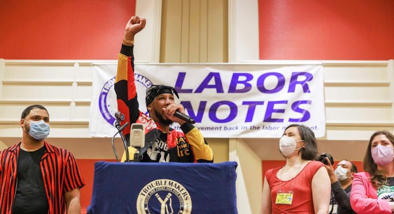 Labor leader Chris Smalls, president of the Amazon Labor Union, speaks during the Labor Notes conference, in Chicago, Illinois.