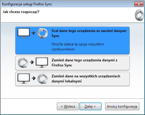 Jeżeli z Firefox Sync korzystało się już wcześniej (na przykład dzięki dodatkowi do wersji trzeciej przeglądarki), warto zastanowić się przed wybraniem którejś z powyższych opcji