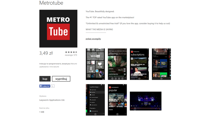 <b>Metro Tube</b>
<br><br>
Korzystanie z oryginalnej youtubowej aplikacji na urządzeniach z systemem WP8, to prawdziwy koszmar. Nie dziwi więc fakt, że coraz większą popularnością cieszą się alternatywne YouTube'y. Wśród nich na pierwszy plan wysuwa się Metro Tube - rozbudowana i intuicyjna aplikacja, która przywróci wam wiarę w najsłynniejszy serwis wideo na świecie.