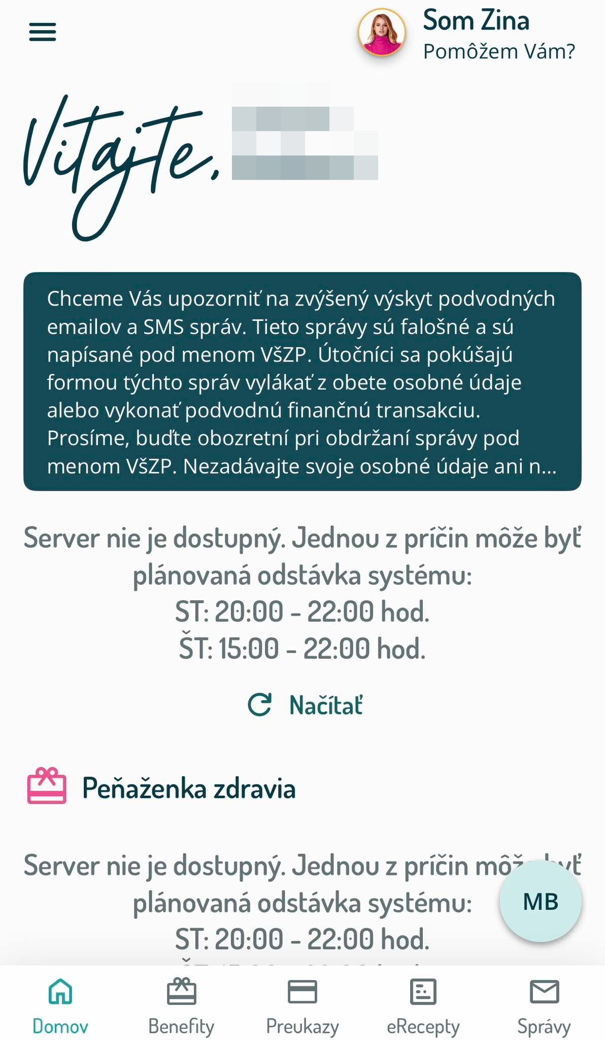 Všeobecná zdravotná poisťovňa hlási výpadok.